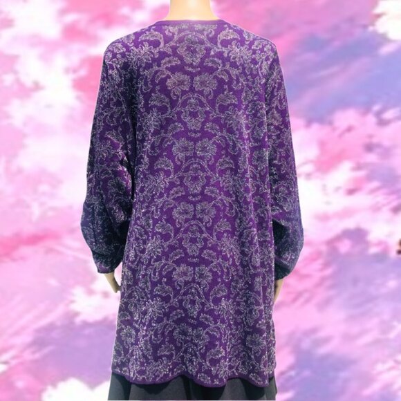 CATHERINES Cascade Open Front Purple Silver Floral Pattern Cardigan Sz 2X NEW - Picture 3 of 4
